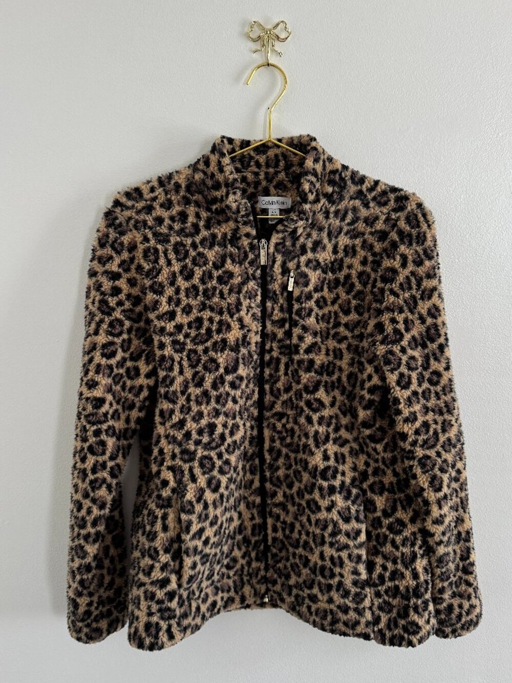 Calvin Klein Leopard Print Sherpa Zip Fleece Jacket Large